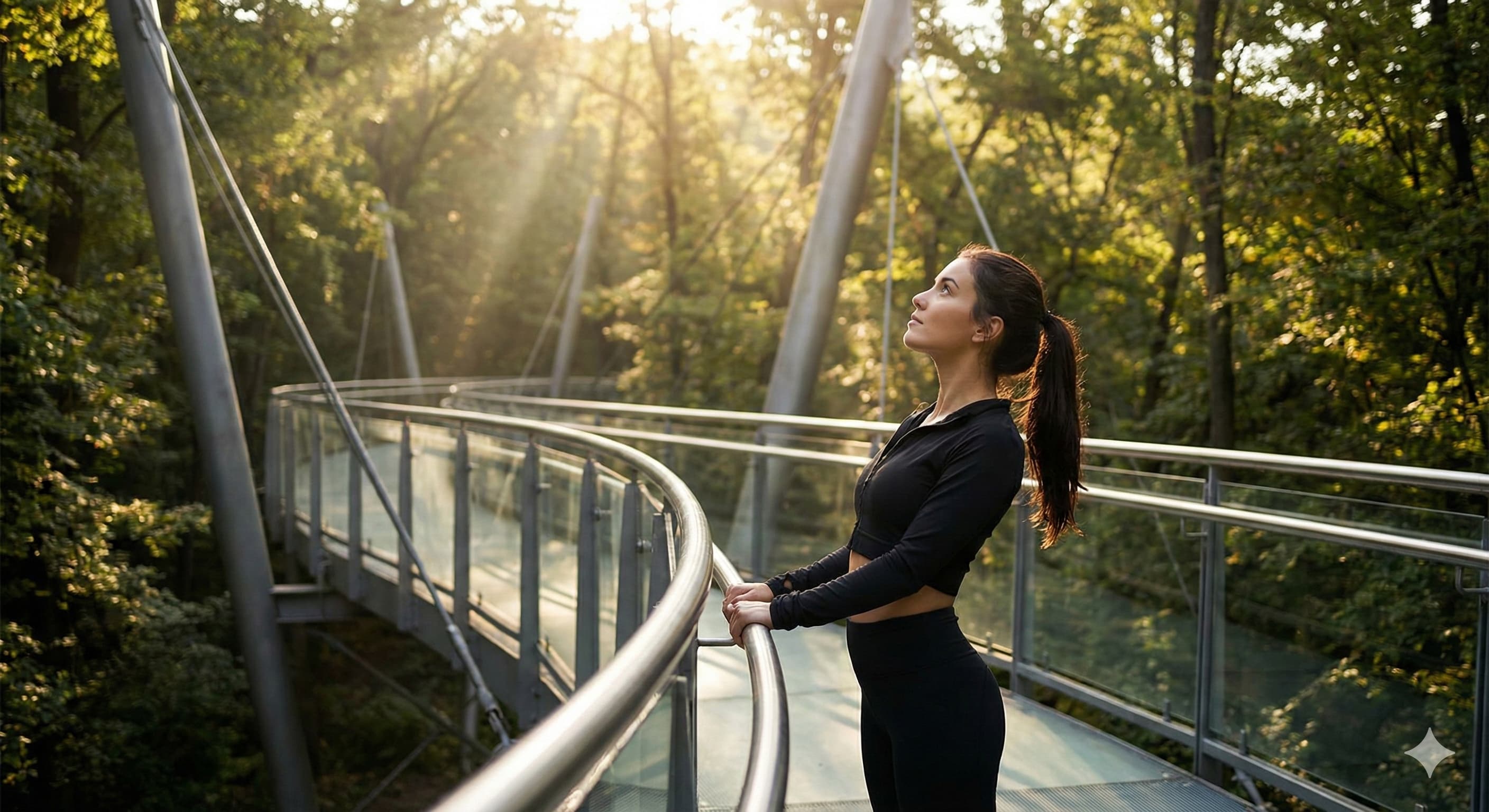 현대적인 구름다리 위에서 푸른 숲의 청량한 공기를 마시며, 가볍게 스트레칭을 하는 젊은 여성의 건강한 뒷모습과 옆얼굴