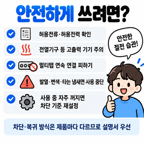 정격전류 허용전력 고출력 기기 문어발 연결 발열 오작동을 확인하는 대기전력 차단 콘센트 안전 체크 이미지