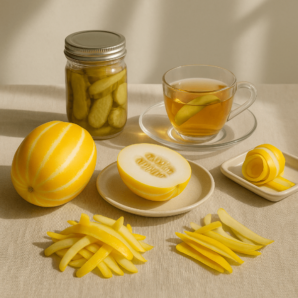 참외와 껍질, 껍질 피클&middot;차&middot;세척 활용 예시가 함께 놓인 구성