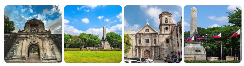 인트라무로스 성벽, 리잘 공원 기념비, 산 아구스틴 성당 등 마닐라의 역사적인 관광 명소를 담은 이미지