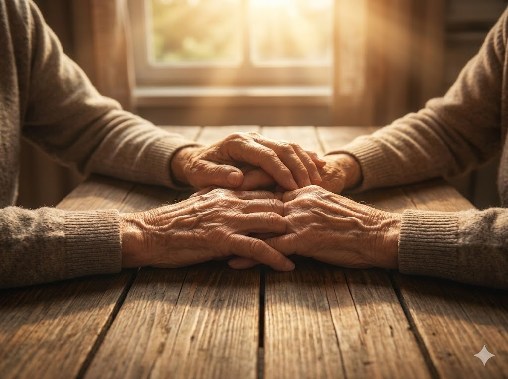 노부부가 서로의 손을 맞잡은 모습입니다. 사랑하는 사람을 향한 간병인의 헌신적인 태도와 두 분 사이의 깊은 유대감을 따뜻한 햇살 아래 감성적인 사진 스타일로 표현