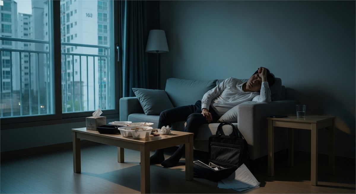 스트레스와 피로로 지친 상태를 보여주는 한국형 거실 장면