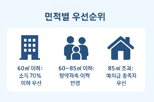 장기전세 주택공급에서 60㎡ 이하 소득 70% 이하, 60~85㎡ 청약저축 이력, 85㎡ 초과 예치금 충족자 우선순위 안내