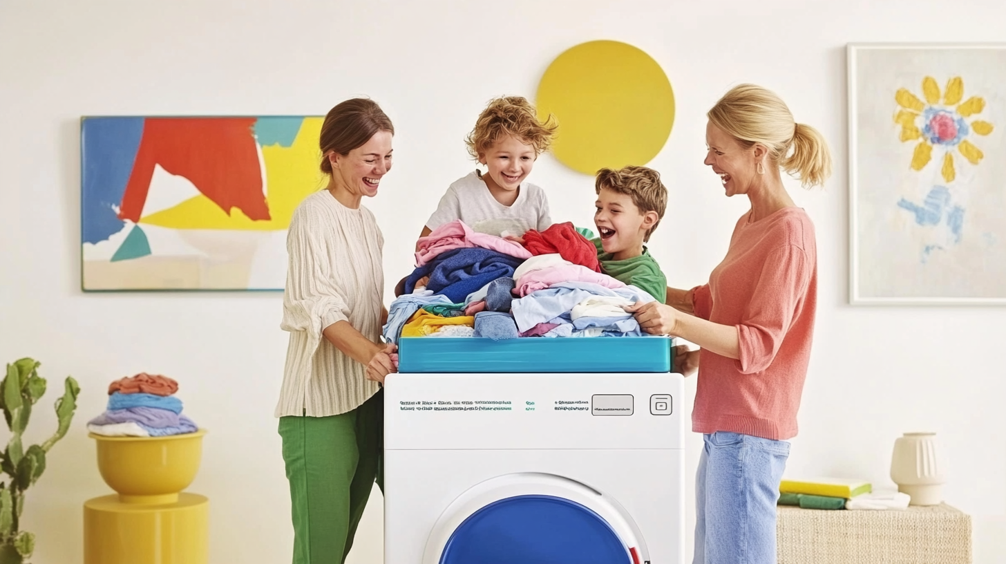 한 가족이 삼성 세탁기에 대용량 옷을 기쁘게 넣으며, 이 제품의 넉넉한 용량을 잘 보여줍니다.