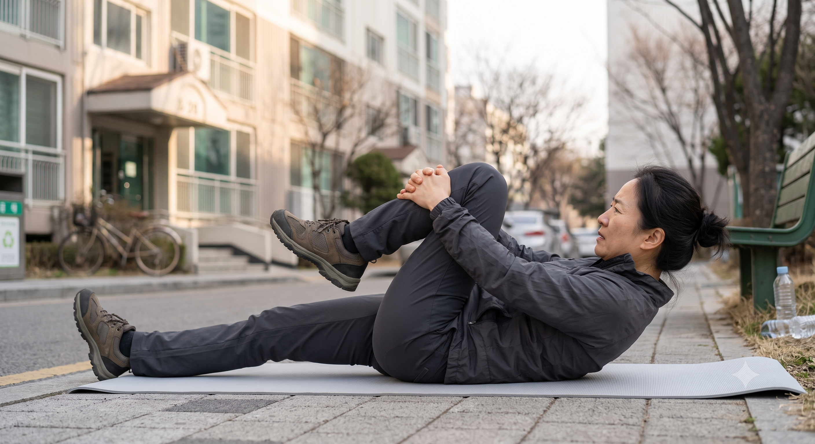 누워서 무릎을 당겨 허리를 늘이는 동작