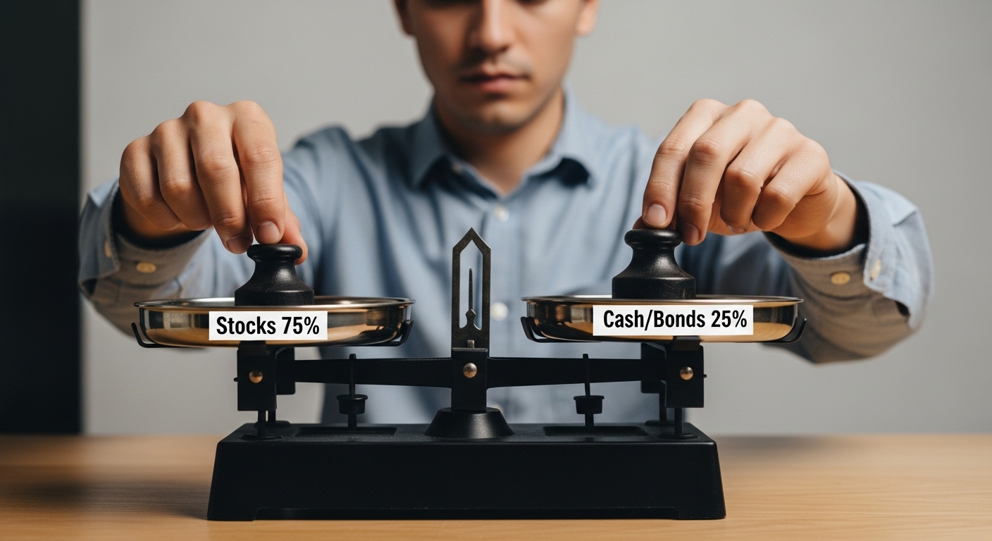 한쪽(주식)으로 심하게 기울어진 저울을 다시 6:4 비율로 맞추는(리밸런싱) 모습