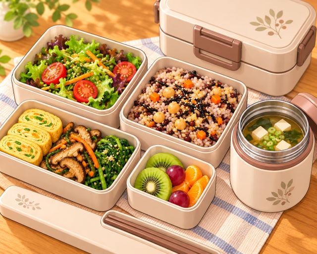 샐러드와 병아리콩 톳 잡곡밥, 다양한 반찬과 과일, 국 보온통으로 구성한 건강 도시락
대체텍스트 복사
