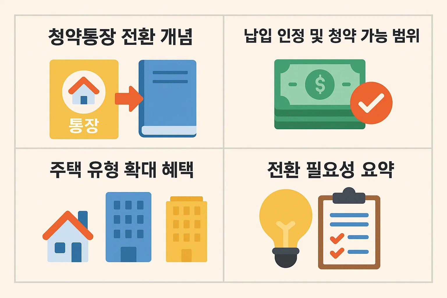 청약통장 전환의 기본 개념, 납입 인정 기준, 주택 유형 확대에 따른 혜택과 전환 필요성을 시각적으로 정리한 인포그래픽.