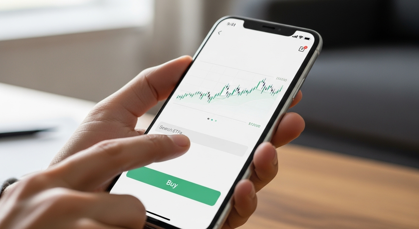 스마트폰 앱으로 ETF를 검색하고 매수 주문을 하는 초보 투자자의 손
