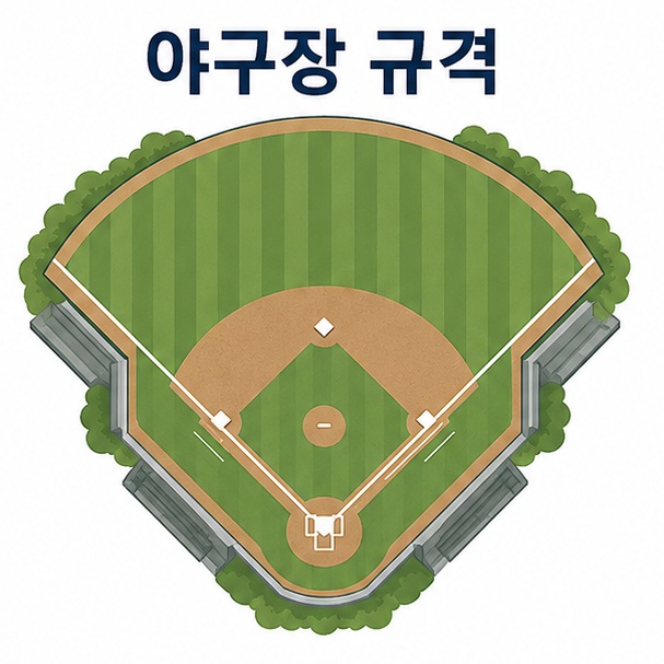 위에서 내려다본 야구 다이아몬드와 함께 ‘야구장 규격’이라는 제목을 표시한 야구 정보 대표 이미지