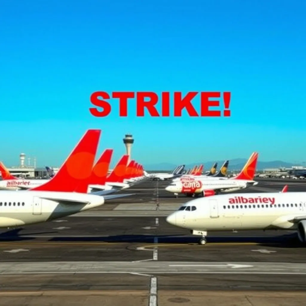 공항 활주로에 여러 대의 대형 여객기들이 멈춰 서 있는 모습입니다. 승객을 태우지 못한 채 고요하게 서 있는 항공기들이 파업으로 인한 &amp;#39;하늘길 마비&amp;#39;를 시각적으로 보여줍니다. 