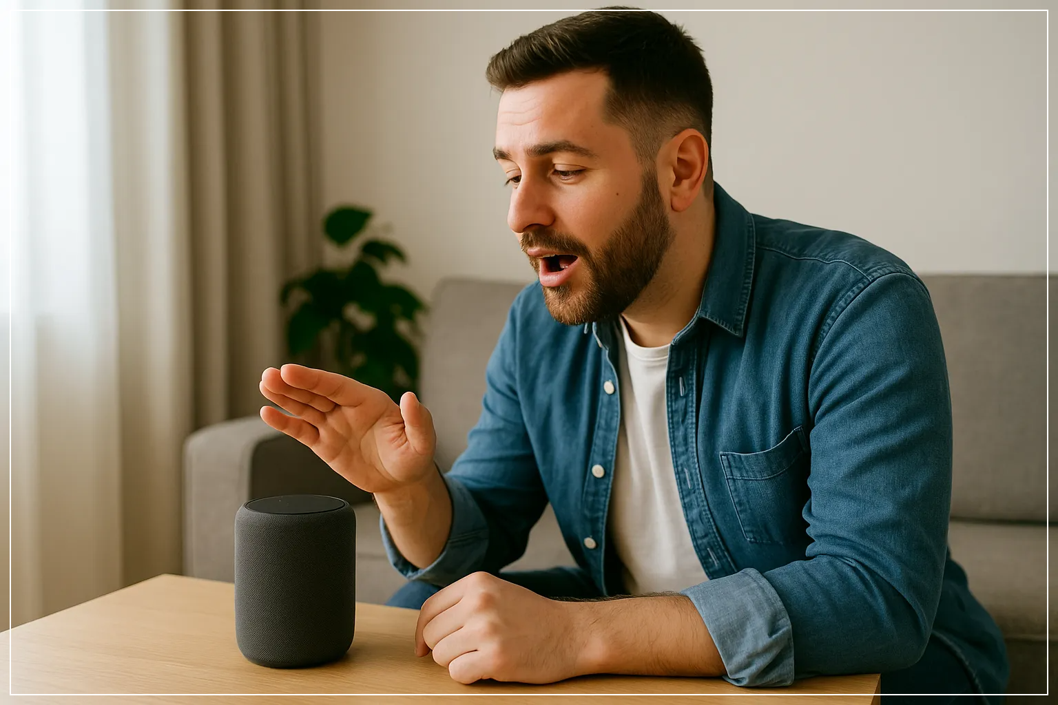 사용자가 AI 스피커에 음성 명령을 전달하는 장면