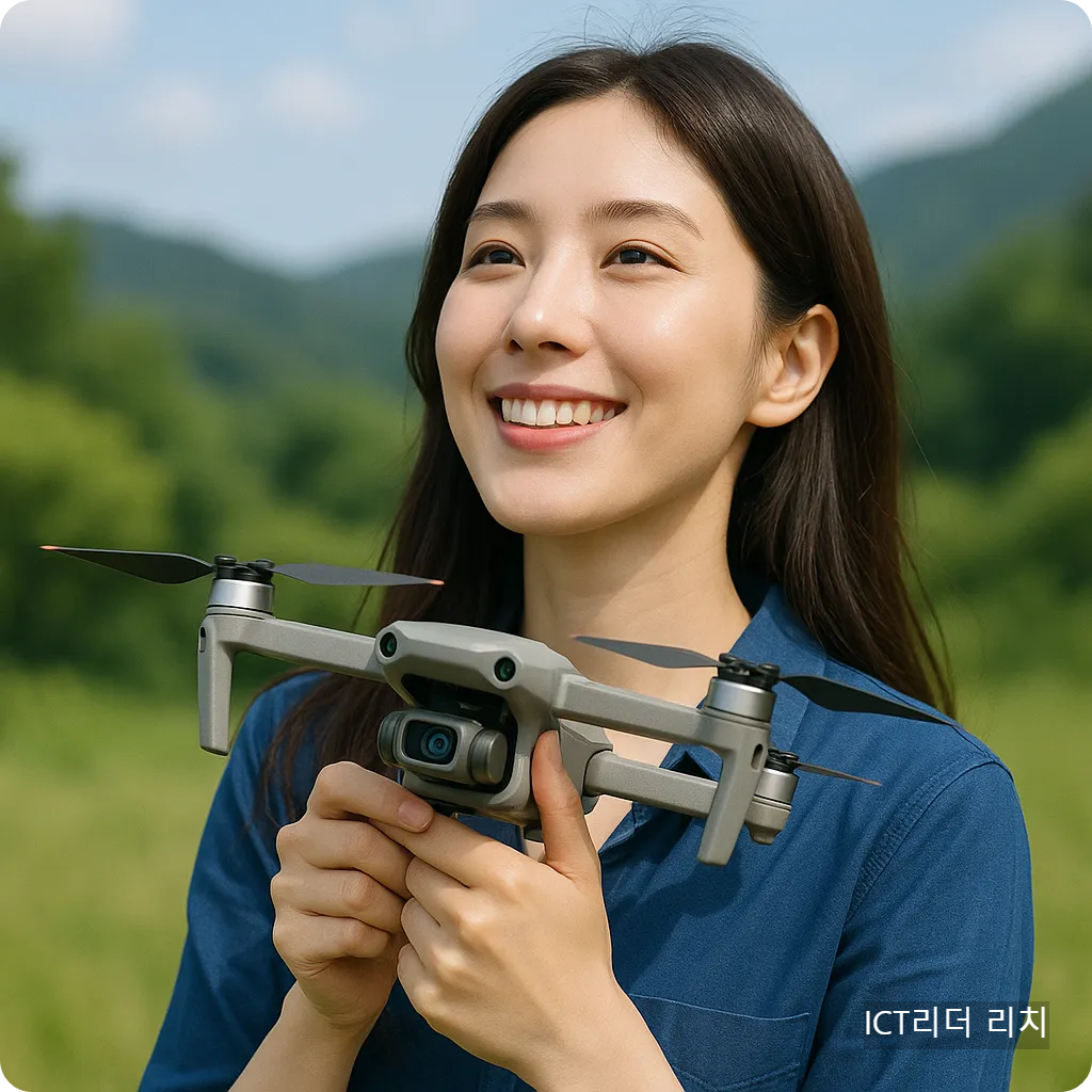 드론을 손에 들고 자연 속에서 미소 짓는 20대 여성