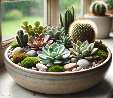 세라믹 그릇에 배치된 이끼, 돌, 미니 선인장이 조화를 이루는 자연적인 디쉬가든.