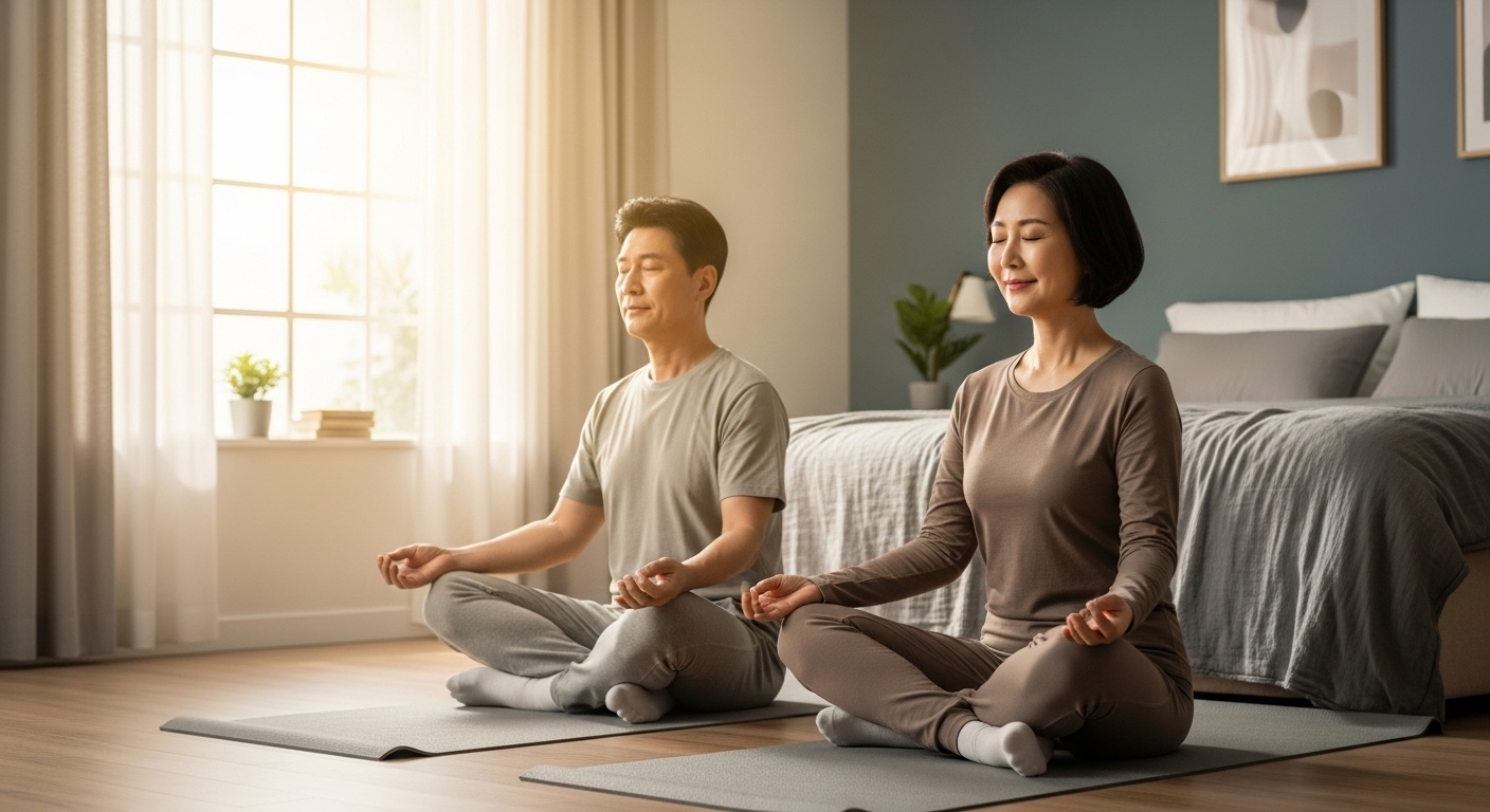 50대 한국인 부부 명상 중