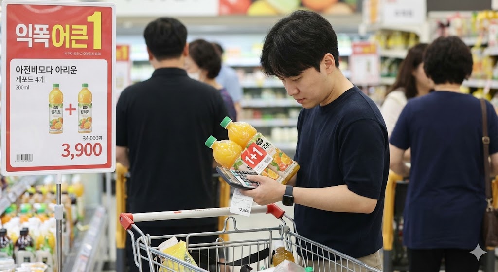 대형마트에서-1+1-행사-상품인-주스-두-병을-들고-스마트폰으로-가격을-꼼꼼히-비교하며-실제-이득인지-확인하는-소비자의-모습