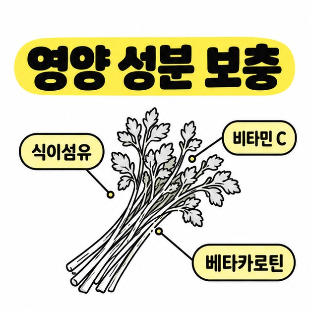 미나리 묶음에 식이섬유, 비타민 C, 베타카로틴 레이블을 연결한 영양 성분 보충 카드.