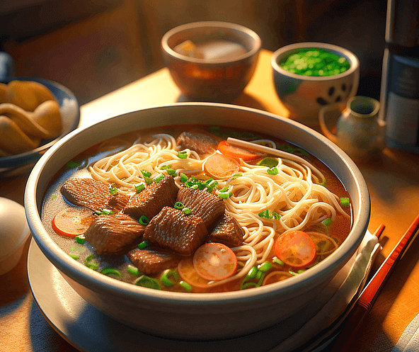 둥그런 그릇에 하얀 고기 국수가 가득 담겨있다. 국수 위에 살코기들과 파가 송송 썰어져있다.