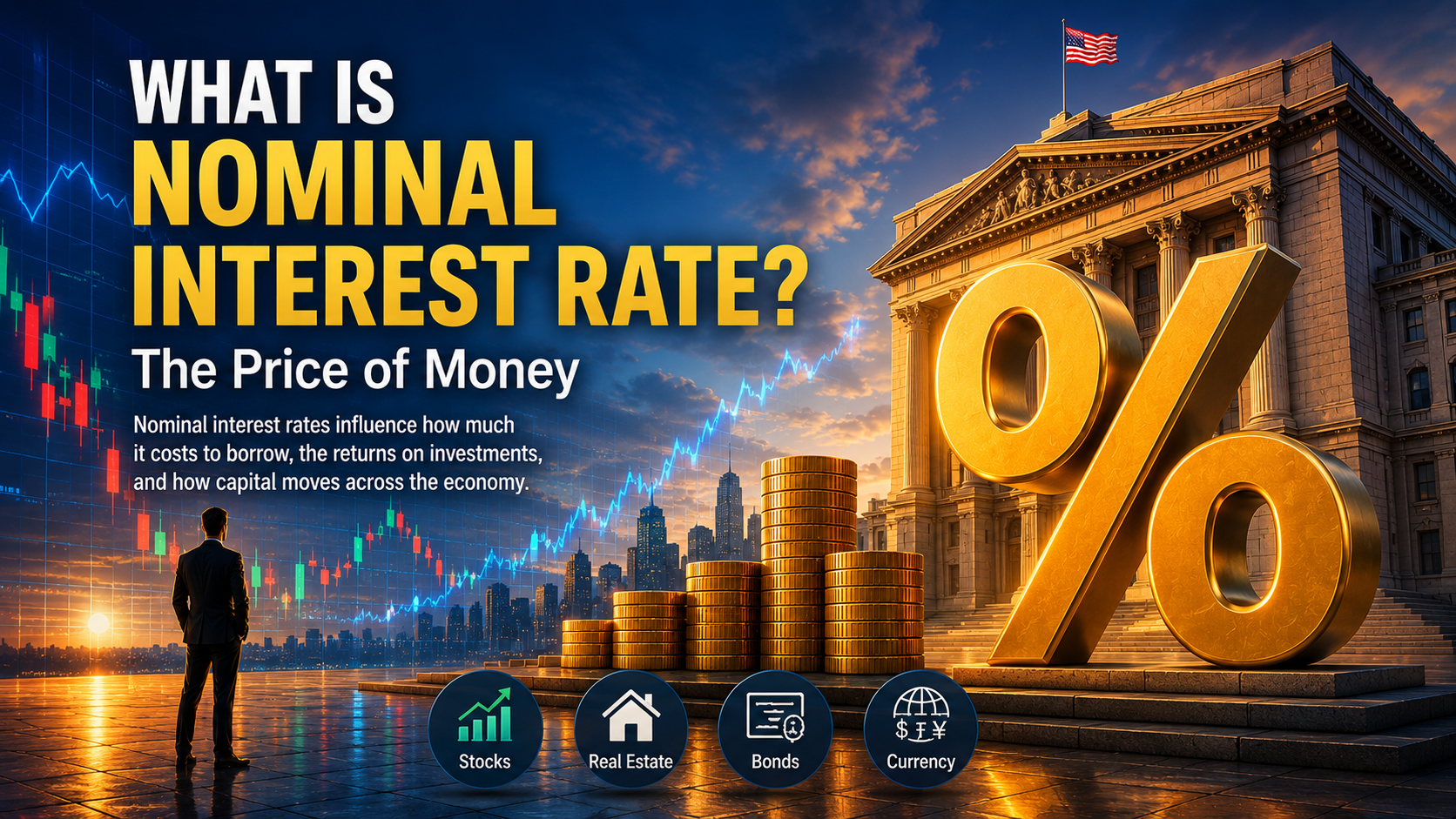 Nominal interest rate concept featuring a large gold percentage sign, central bank building, stacked coins, and financial market charts representing the price of money in the economy.