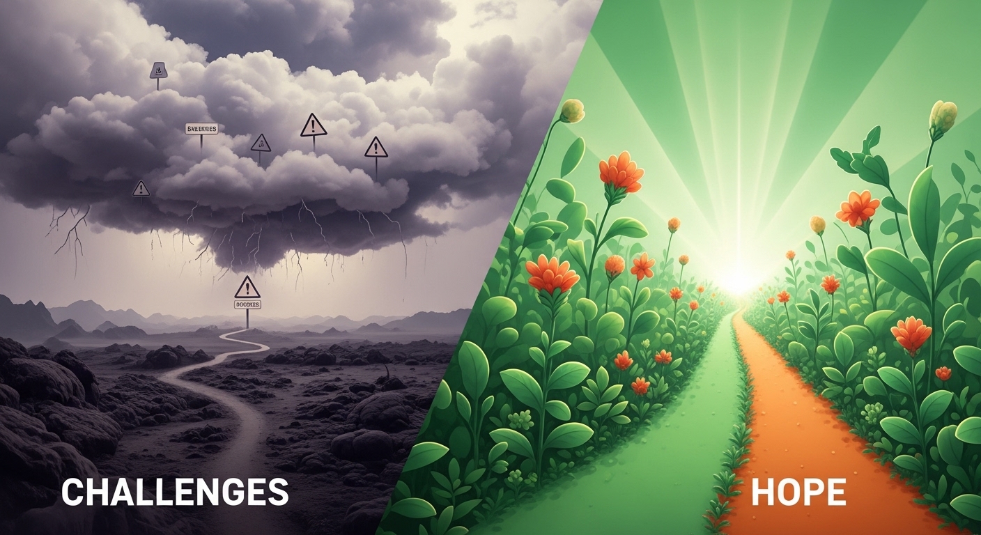 첨단 암 치료의 도전 과제(부작용, 접근성)와 미래의 희망(연구, 개선)을 동시에 보여주는 개념적 이미지.