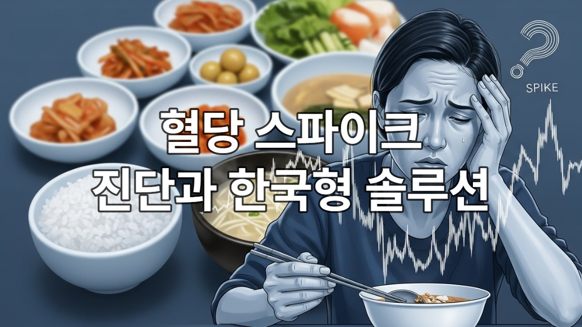 식사 후 피로감을 느끼는 사람이 급격한 혈당 변화를 나타내는 스파이크 그래픽과 함께 있는 모습
