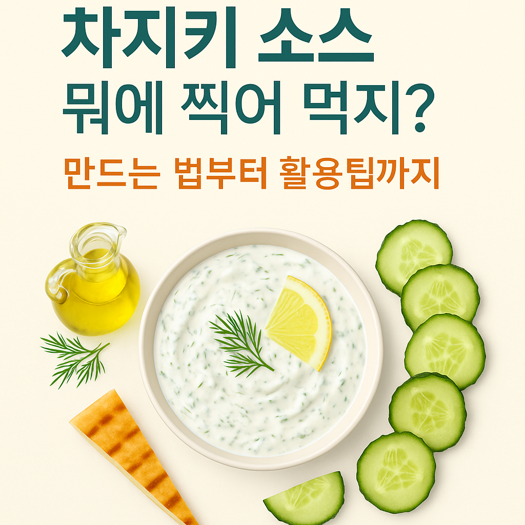 "차지키 소스 레시피와 활용 팁을 소개하는 썸네일 이미지. 그릭 요거트로 만든 차지키 소스, 오이, 레몬, 올리브 오일, 피타 브레드가 함께 놓여 있음."