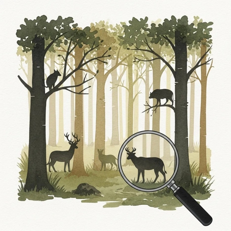 숲속 생물들을 관찰하며 변화를 읽는 모습