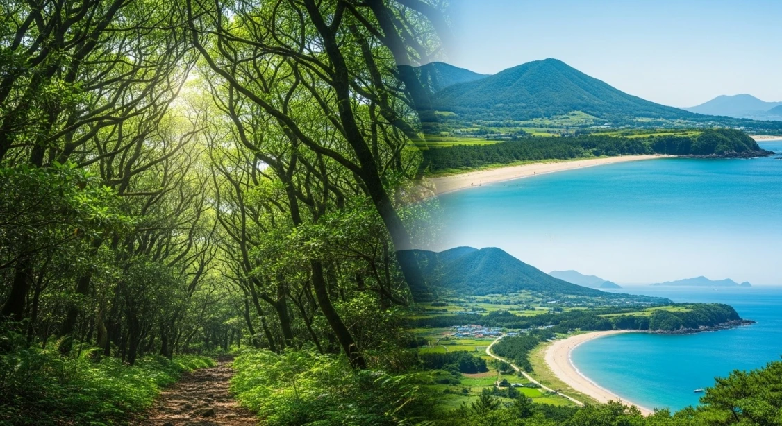 2025년 국내 친환경 여행지 제주 비자림 숲길, 양양 해변, 신안 갯벌, 울릉도, 태안의 자연경관을 담은 풍경.