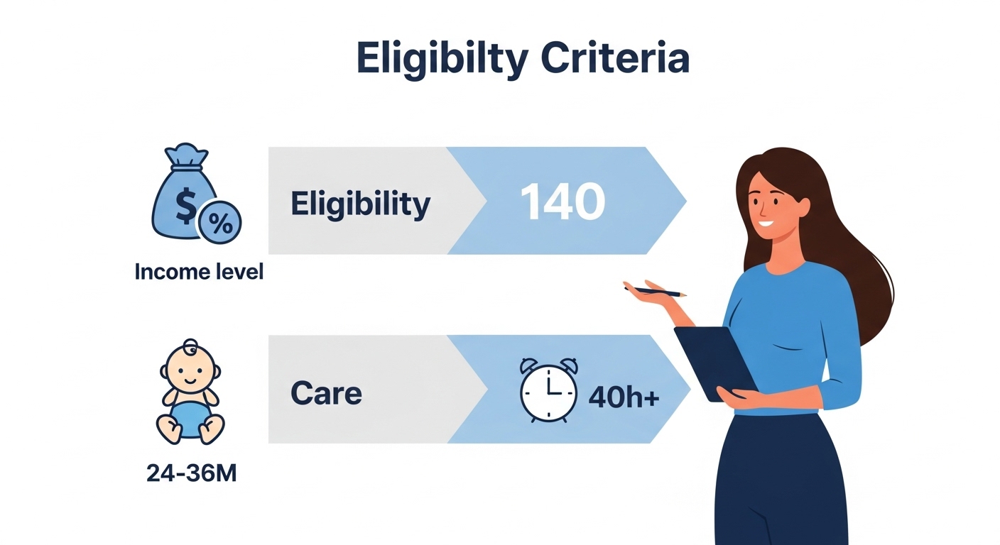 조부모 돌봄수당의 주요 자격 조건을 깔끔하게 정리한 인포그래픽: 소득, 손주 연령, 돌봄 시간.