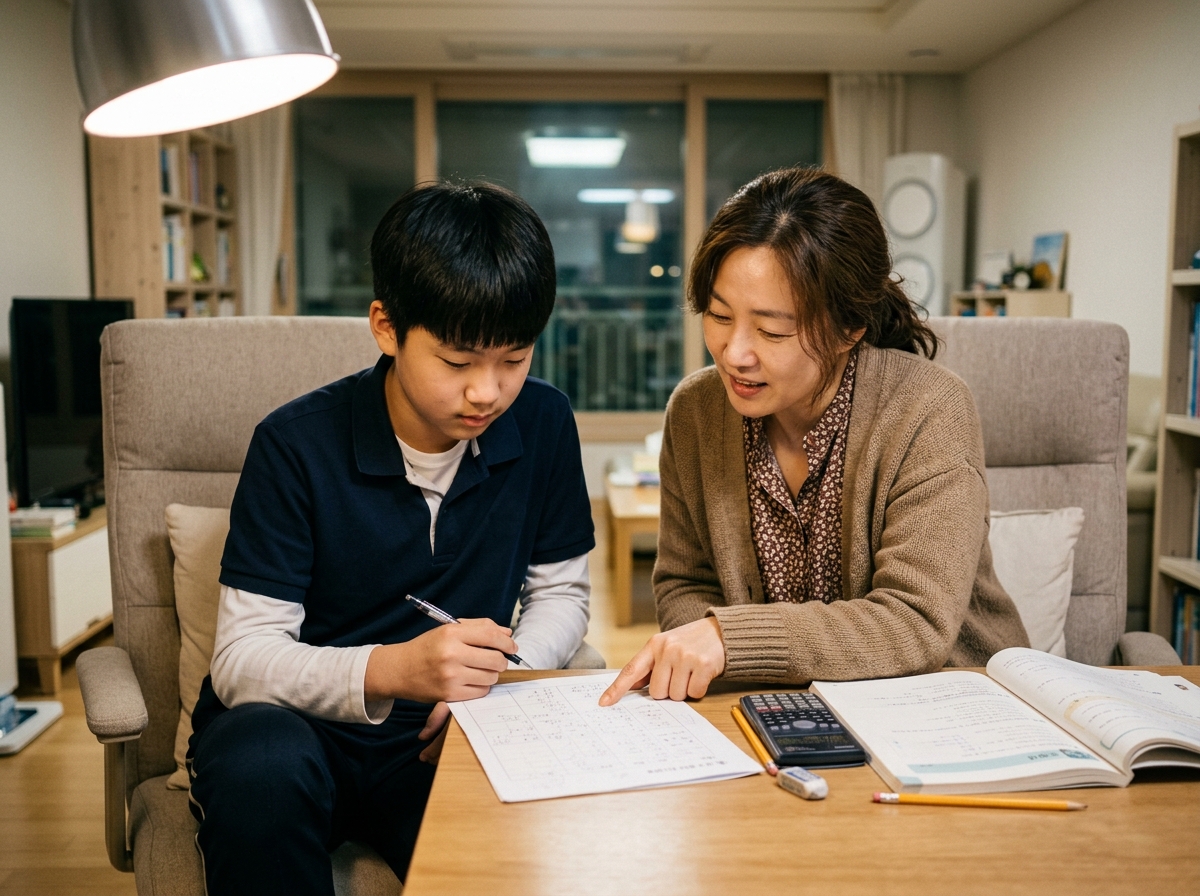중학생의 수학 학습 계획을 함께 점검하는 모습