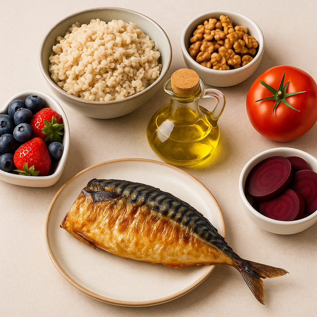 고등어 보리밥 호두 올리브유 베리류 토마토 비트