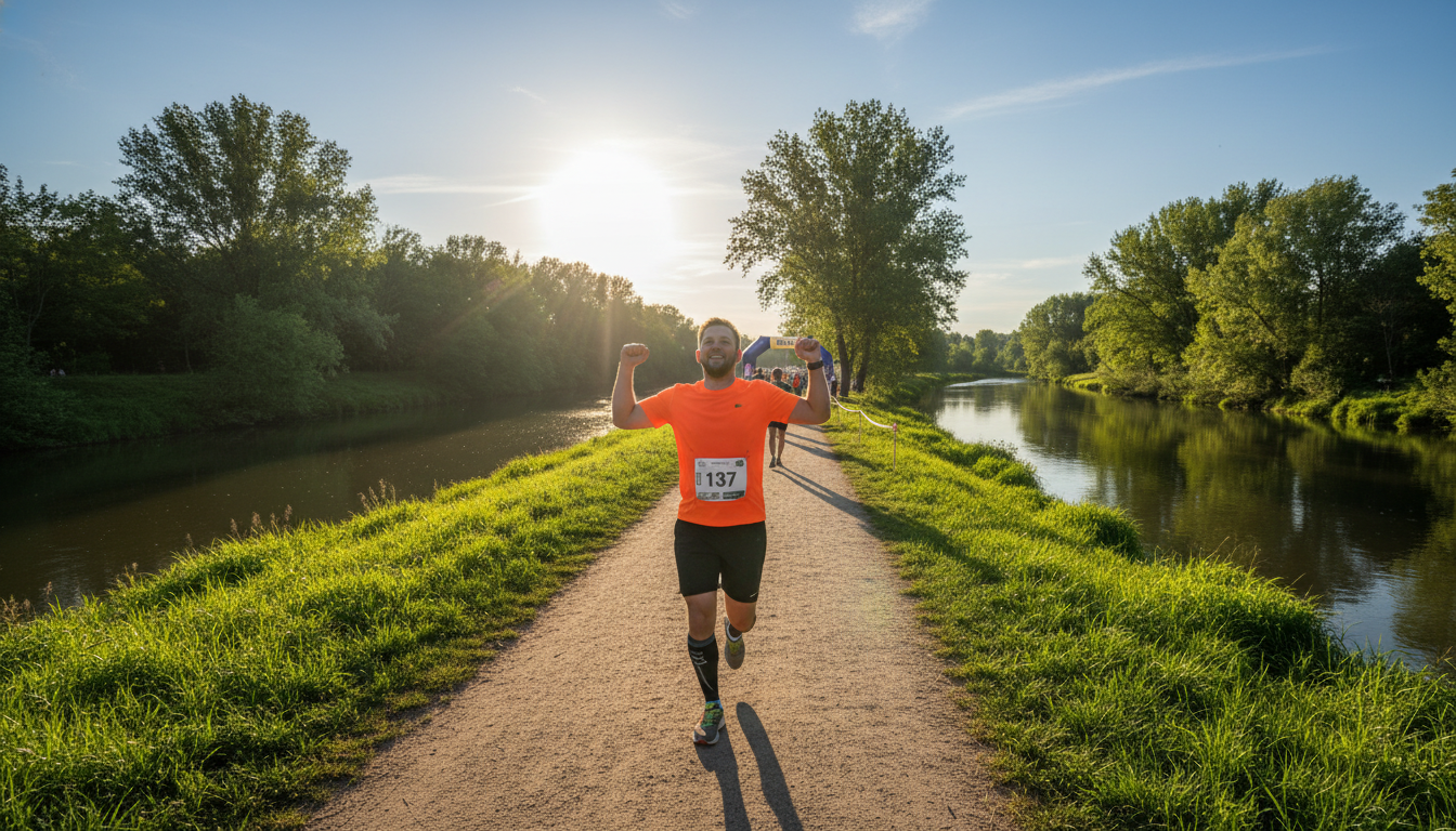 2026 런유어웨이 하프마라톤 코스를 즐겁게 달리는 초보 러너의 뒷모습. 강변의 평탄한 길을 달리며 완주에 대한 기대감과 성취감을 표현하고 있습니다. 밝고 쾌청한 날씨, 푸른 자연이 어우러진 풍경이 특징입니다.