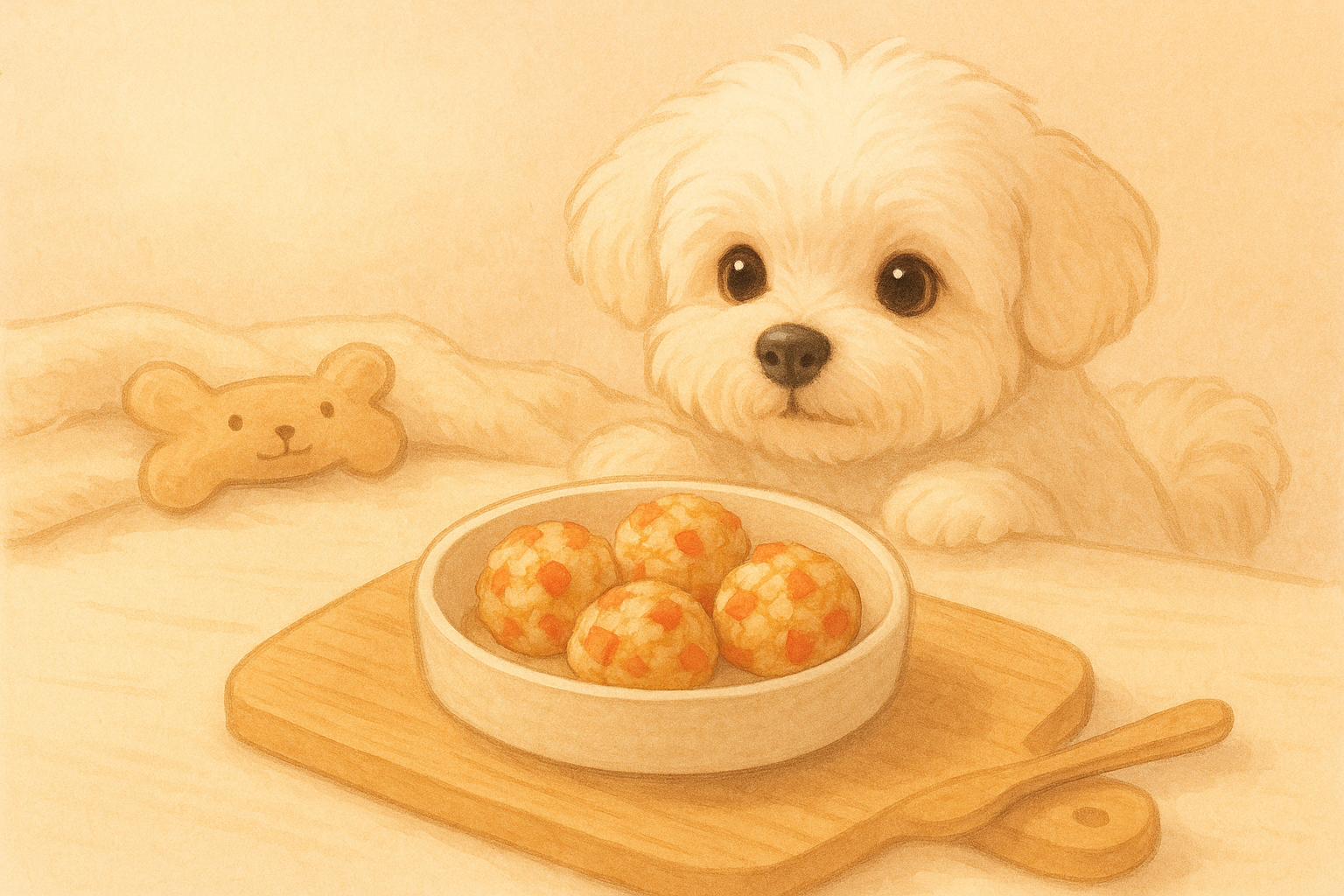 방금 만든 닭가슴살 사과볼이 보석처럼 동글동글 예쁘게 담겨있는 간식을 먹고싶어 두발을 식탁위에 올리고 서서 바라보는 모습