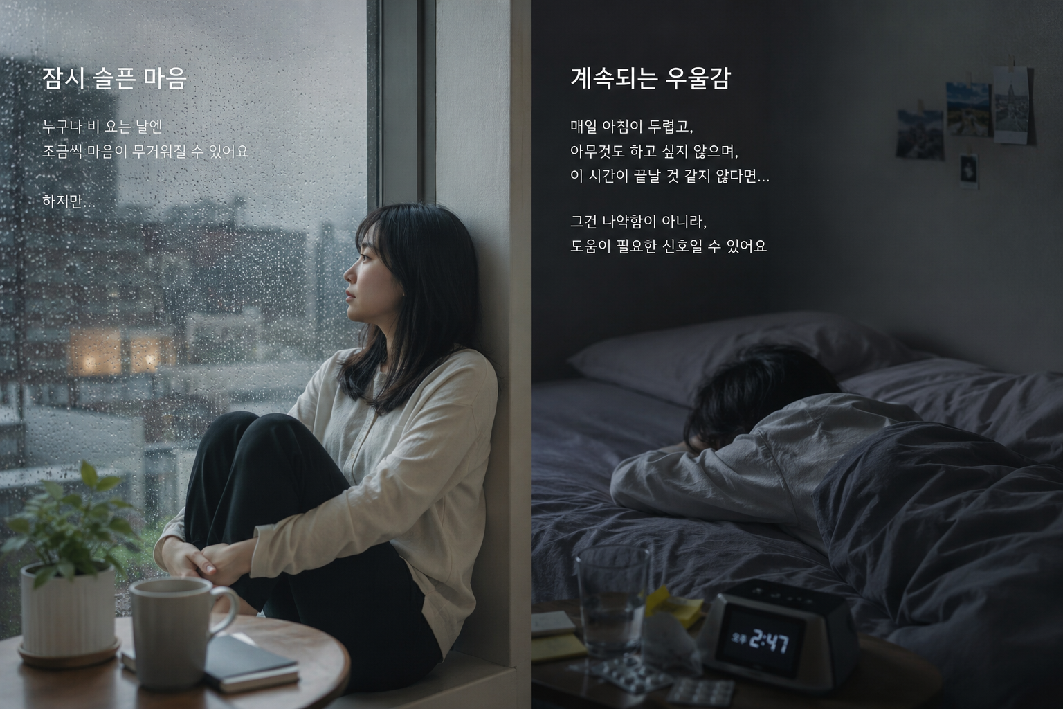 일시적 우울감과 지속적 우울증의 차이를 대비한 실내 장면
