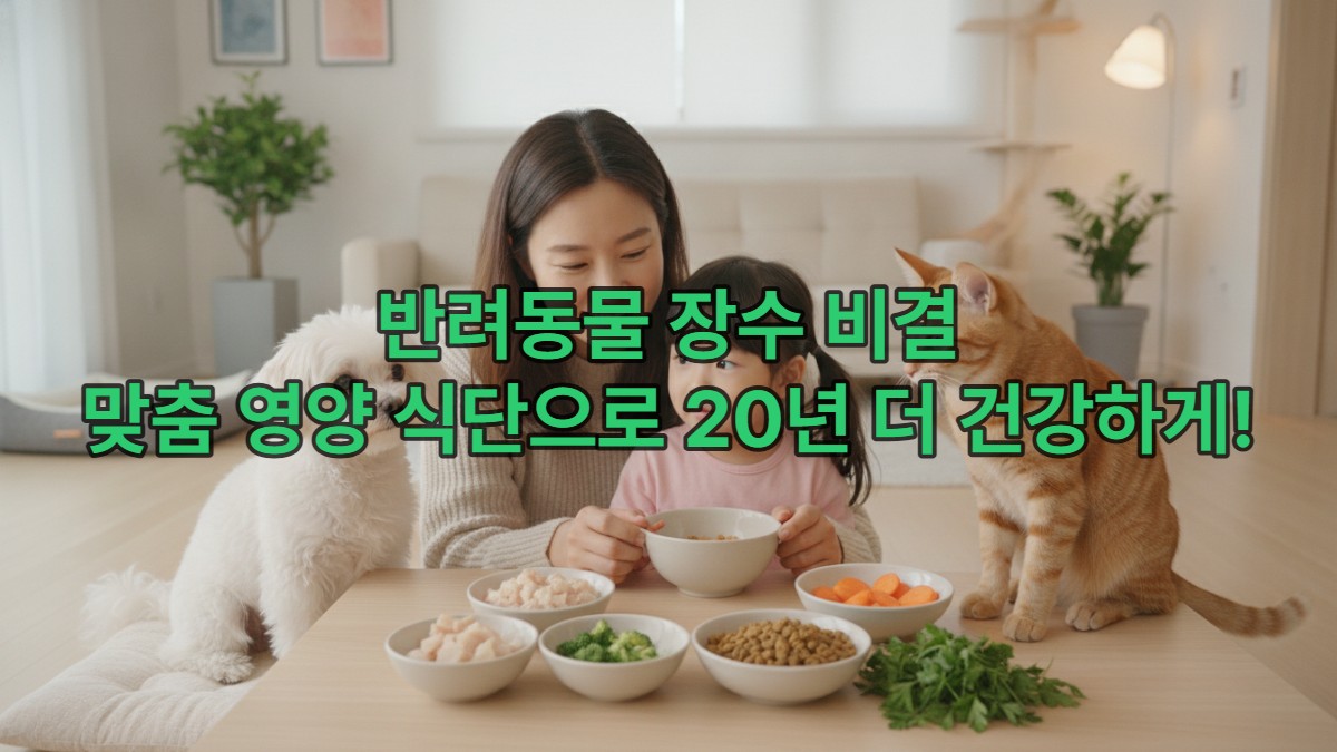 사랑스러운 반려동물(강아지와 고양이)을 위해 신선한 재료로 맞춤 식단을 준비하는 행복한 한국 가족의 모습. 건강한 반려동물 영양 관리의 중요성을 나타냅니다.
