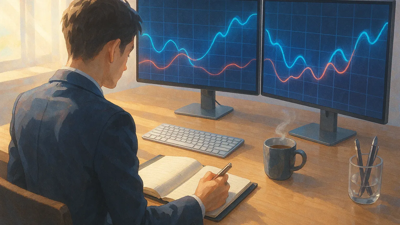 투자 일지를 작성하며 차트를 분석하는 모습을 보여주는 깔끔한 업무 환경 이미지