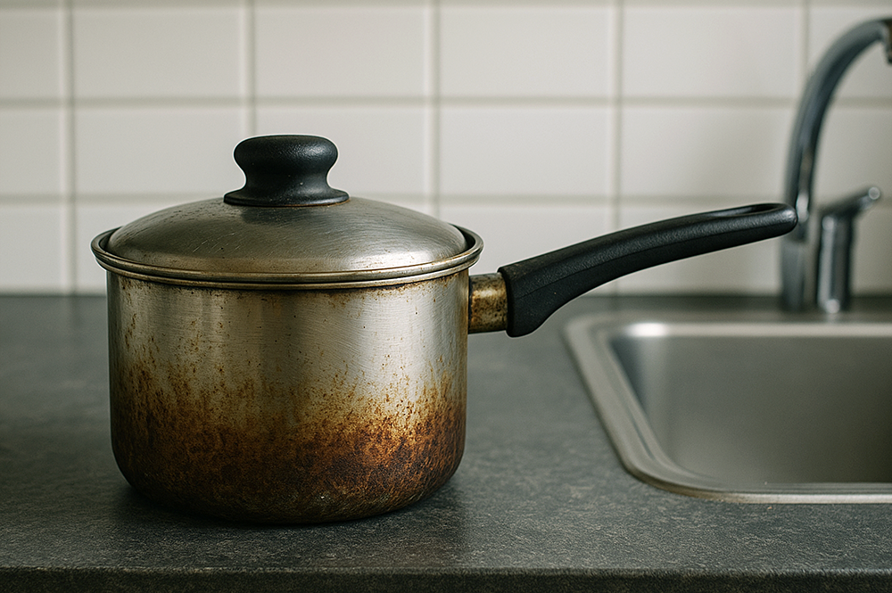 주방 싱크대쪽에 오래된 냄비가 놓여져 있는 사진 입니다.