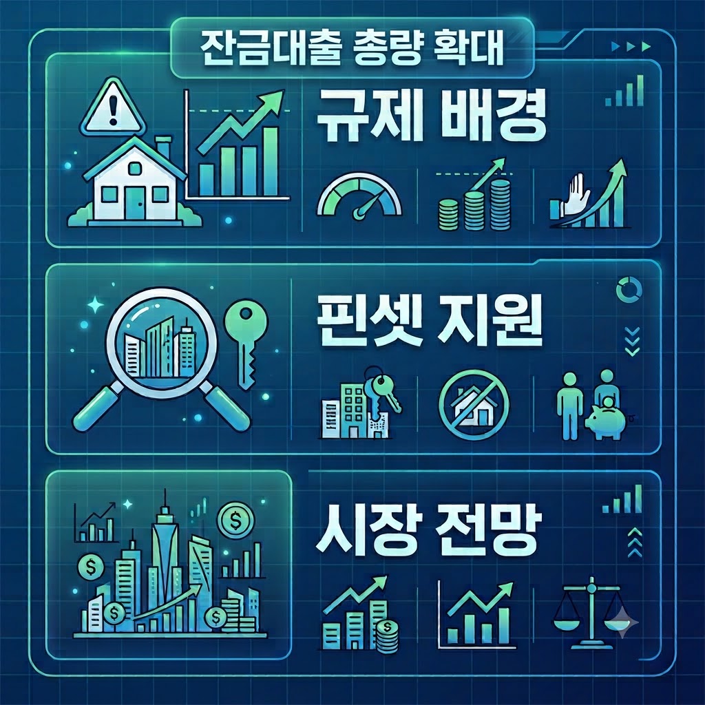 잔금대출 총량 확대 제목과 규제 배경, 핀셋 지원, 시장 전망 키워드가 포함된 정사각형 인포그래픽