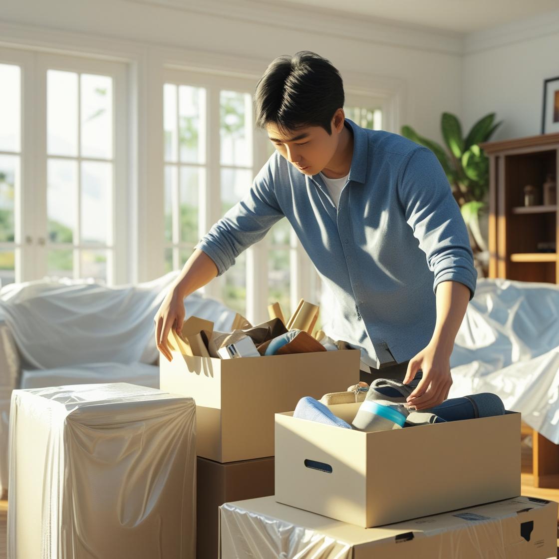 이삿짐을 꾸리는 남성