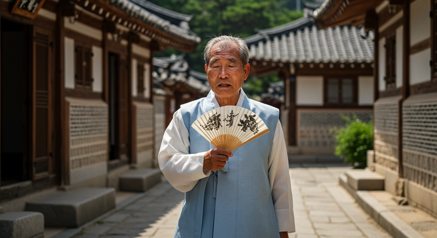 더위 때문에 힘들어하며 부채질하는 시니어 남성