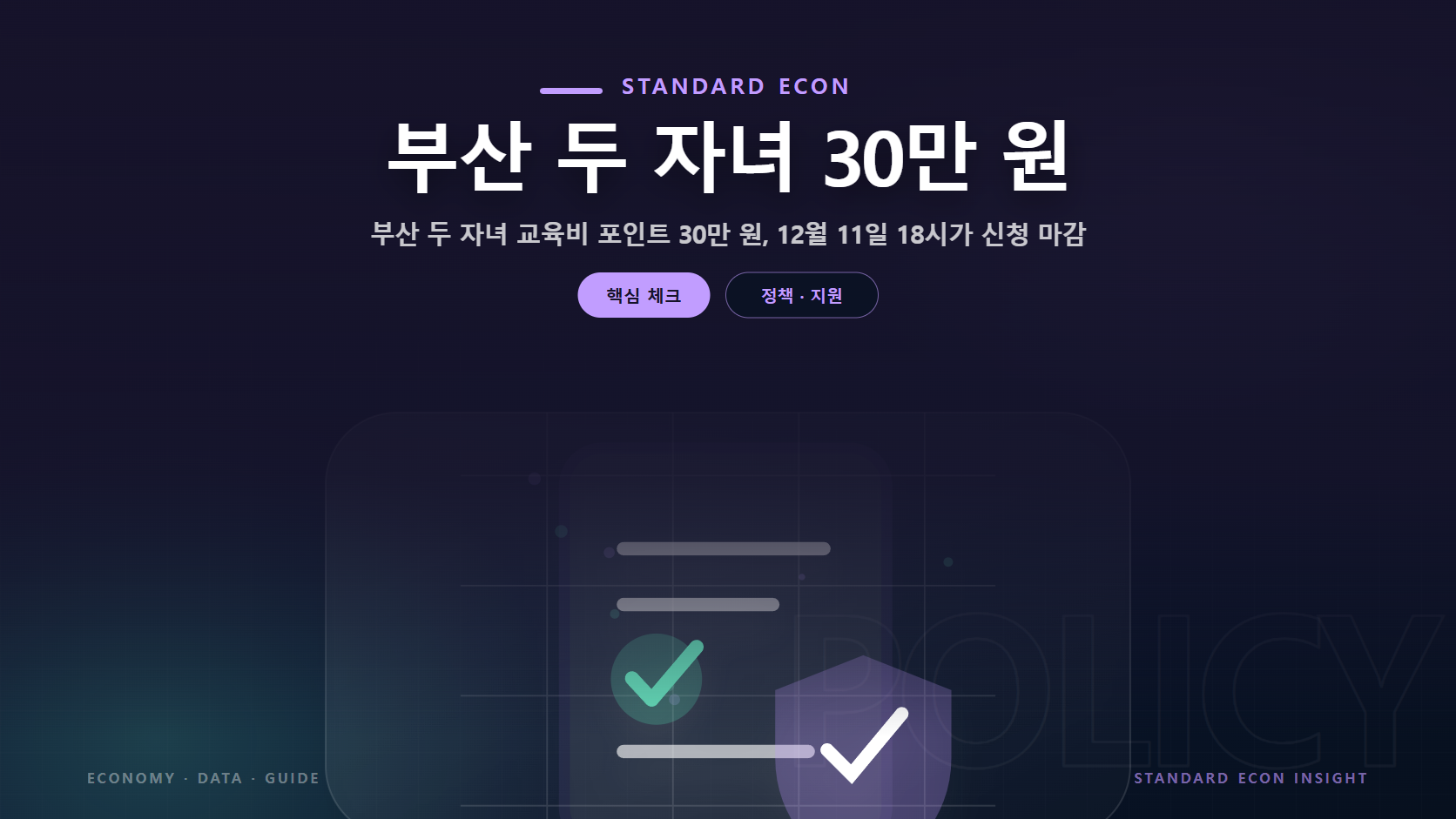 부산 두 자녀 30만 원 문구와 정책 문서와 체크, 보호 방패 그래픽 요소를 담은 정책 &middot; 지원 경제 콘텐츠 대표 이미지