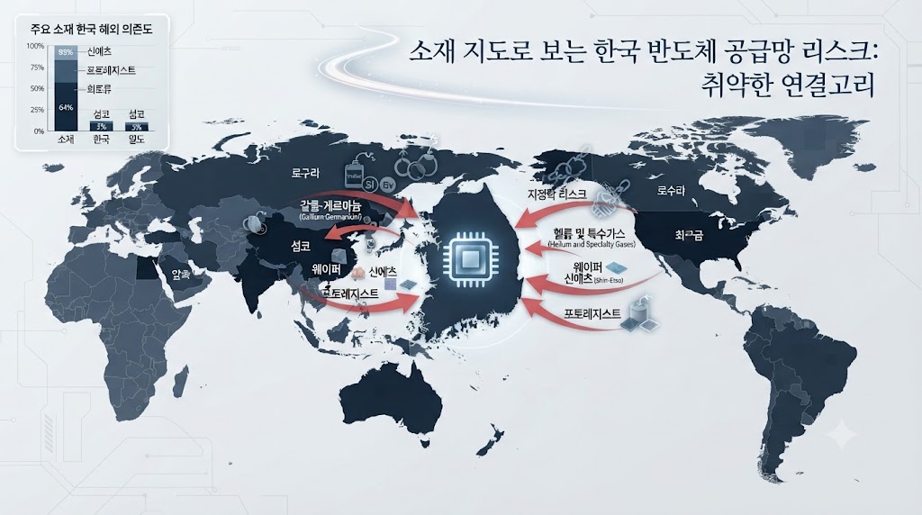 삼성전자와 SK하이닉스가 세계 메모리 반도체를 주도하지만, 그 핵심 재료인 웨이퍼, 포토레지스트, 갈륨, 게르마늄, 희토류, 헬륨 등은 일본, 중국, 미국 등 해외에 절대적으로 의존하는 한국의 구조적 취약점을 진단합니다. 2019년 일본 수출규제와 최근 중국의 자원 무기화 움직임 등 지정학적 리스크가 공급망을 어떻게 흔드는지 분석합니다.