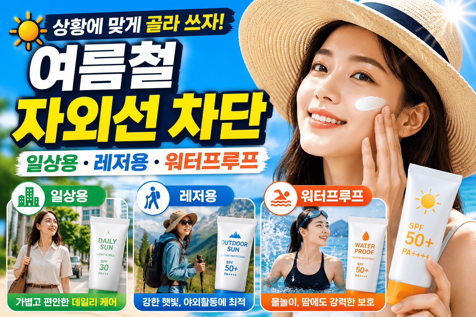 여름철 자외선 차단 (일상용, 레저용, 워터프루프)