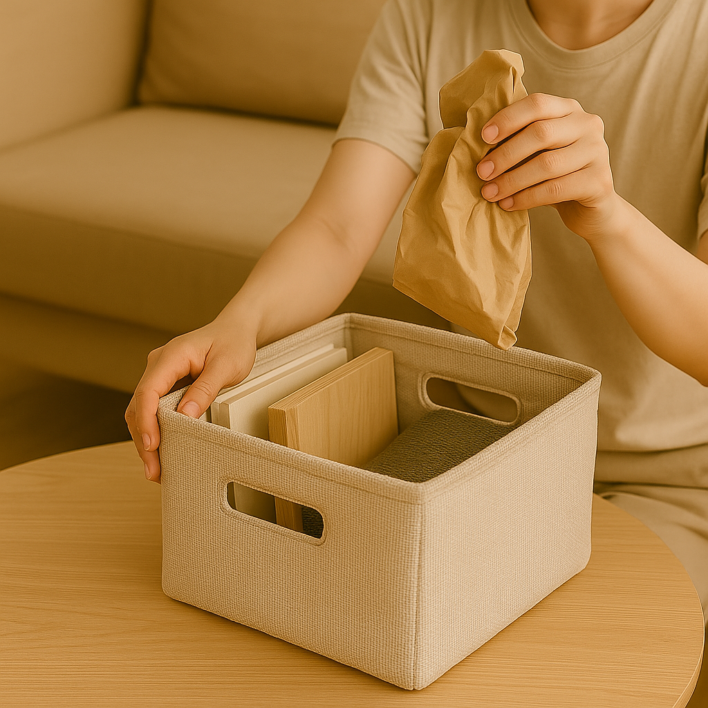 책과 물건을 정리 수납함에 담고, 종이봉투에 불필요한 물건을 버리는 사람의 손