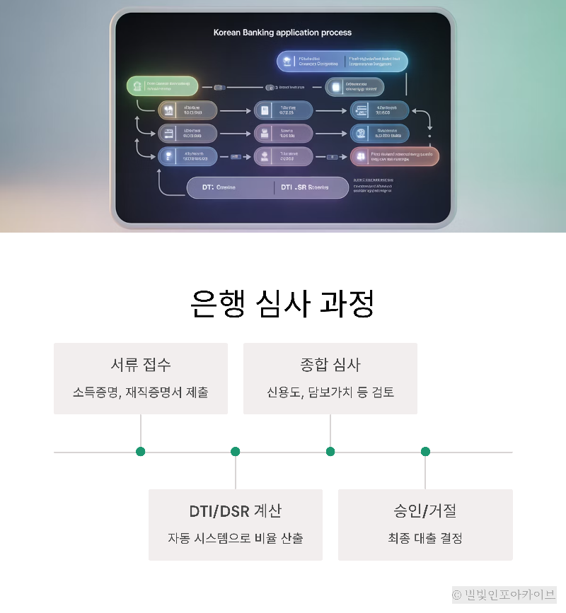 ![DTI와 DSR 적용 시점과 금융기관별 기준을 설명하는 프로세스 차트]