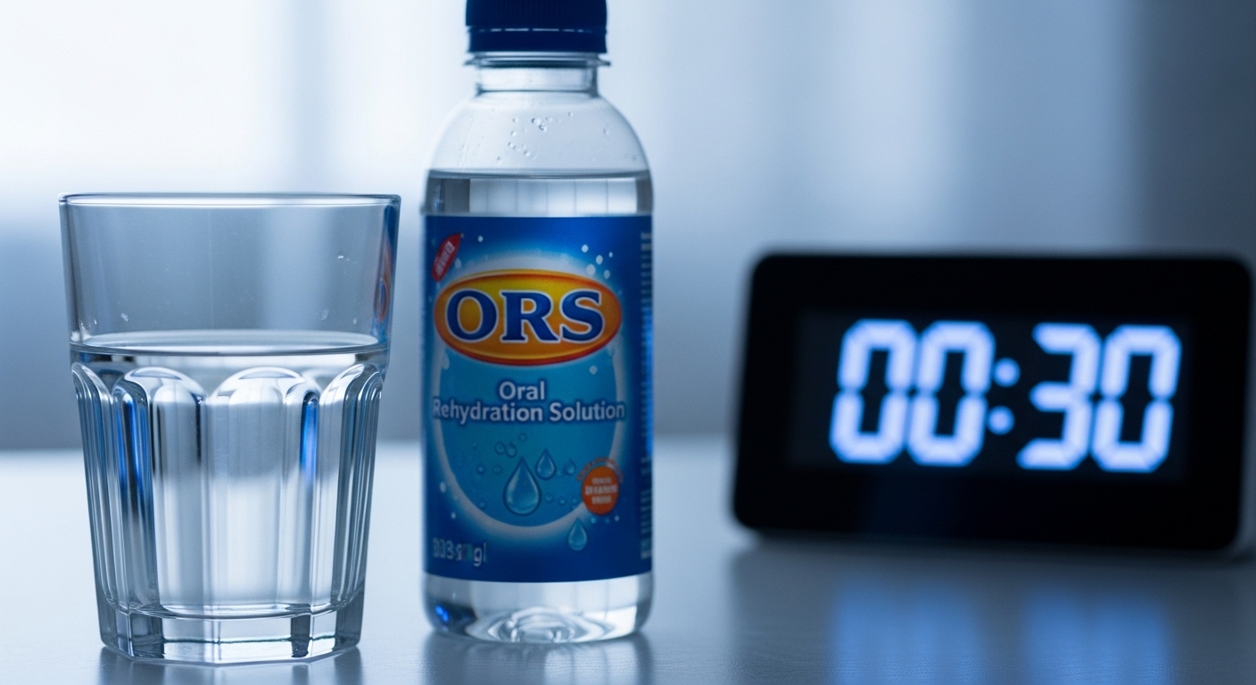 투명한 물잔과 경구 수액제 또는 이온 음료가 나란히 놓여 있고, 뒤에 '00:30'이라는 디지털 시계가 흐릿하게 보이는 이미지. 장염 시 즉각적인 수분 및 전해질 보충의 중요성을 강조합니다.