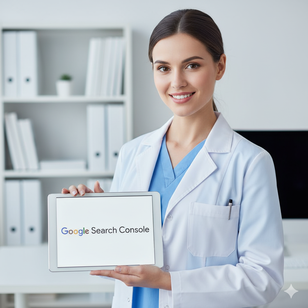 '구글 서치 콘솔' 차트를 든 의사가 안심시키는 미소를 짓고 있는 모습