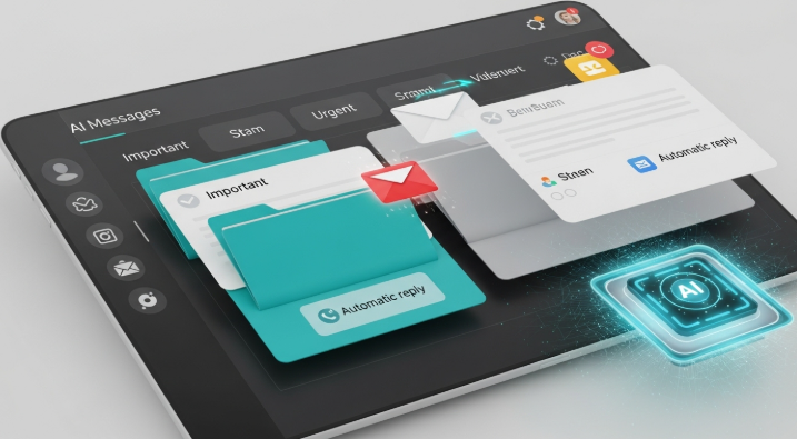 AI가 이메일과 메시지를 자동으로 분류하고 응답하는 디지털 대시보드. 효율적인 소통 관리 및 업무 자동화.