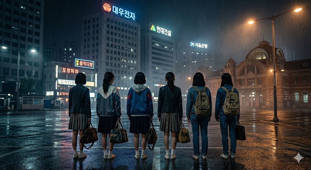 1980년대 서울의 어두운 밤거리 배경과 그곳을 걸어가는 여깡시대 주인공 선영과 친구들의 굳건한 뒷모습 묘사
