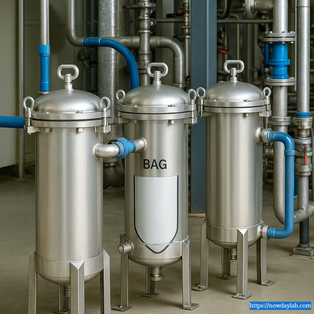 Real industrial filter housing installation in a chemical or water treatment plant.